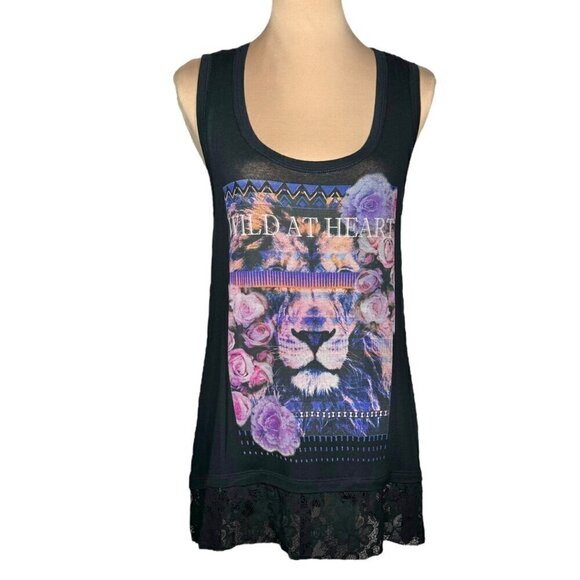 NWT HIP Black Graphic Tee T-Shirt Sz. L Sleeveless Lace Flowers Lion Goth - Picture 2 of 11